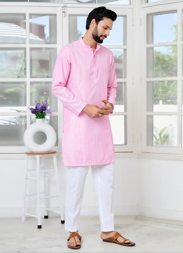 Light_Pink_Embroidered_Thread_Work_Sequinned_Chanderi_Silk_Straight_Kurta_with_Pyjama