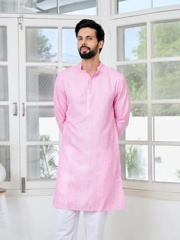 Light_Pink_Embroidered_Thread_Work_Sequinned_Chanderi_Silk_Straight_Kurta