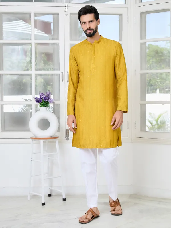 Mustard_Embroidered_Thread_Work_Sequinned_Chanderi_Silk_Straight_Kurta_With_Pyjama