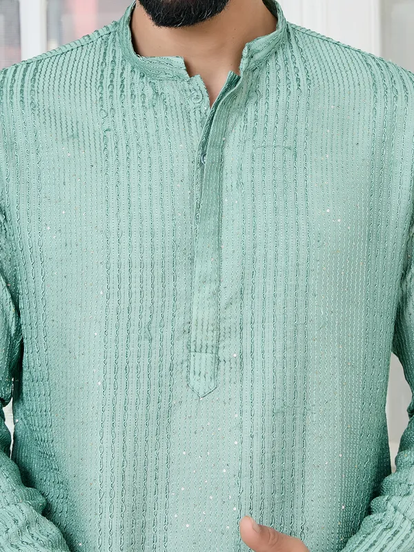 Pastel_Green_Embroidered_Thread_Work_Sequinned_Chanderi_Silk_Straight_Kurta_With_Pyjama