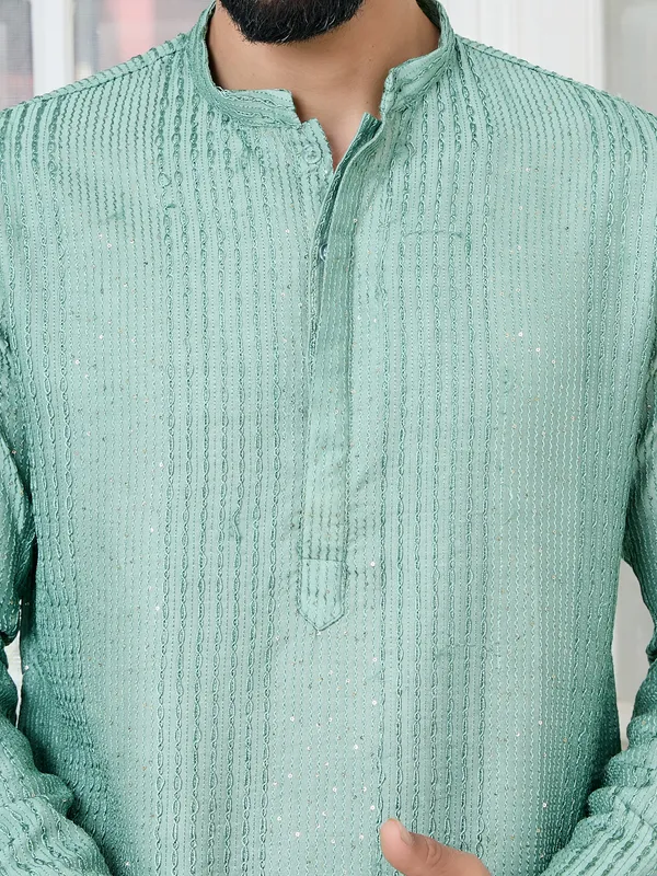 Pastel_Green_Embroidered_Thread_Work_Sequinned_Chanderi_Silk_Straight_Kurta_with_Pyjama
