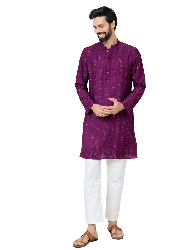 Purple_Embroidered_Thread_Work_Sequinned_Chanderi_Silk_Straight_Kurta_with_Pyjama