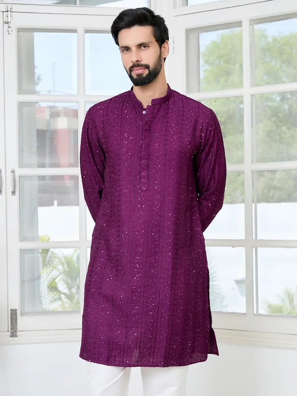 Purple_Embroidered_Thread_Work_Sequinned_Chanderi_Silk_Straight_Kurta_With_Pyjama
