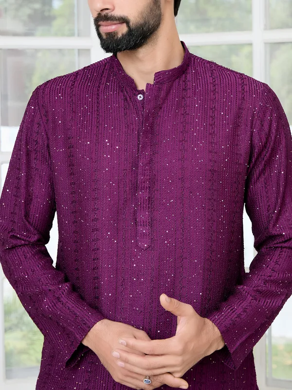 Purple_Embroidered_Thread_Work_Sequinned_Chanderi_Silk_Straight_Kurta_with_Pyjama