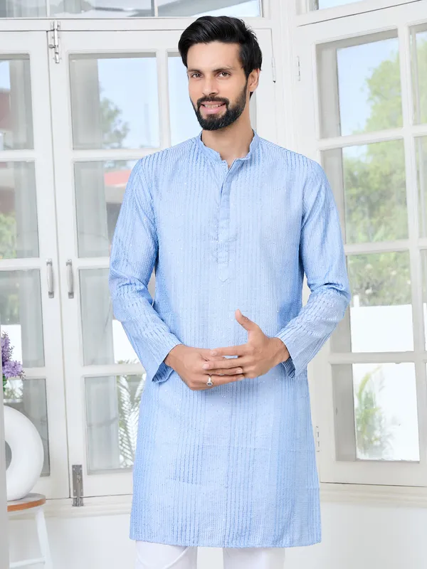 Light_Blue_Embroidered_Thread_Work_Sequinned_Chanderi_Silk_Straight_Kurta_With_Pyjama