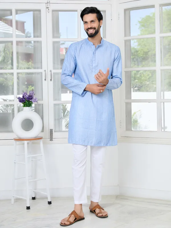 Light_Blue_Embroidered_Thread_Work_Sequinned_Chanderi_Silk_Straight_Kurta_With_Pyjama