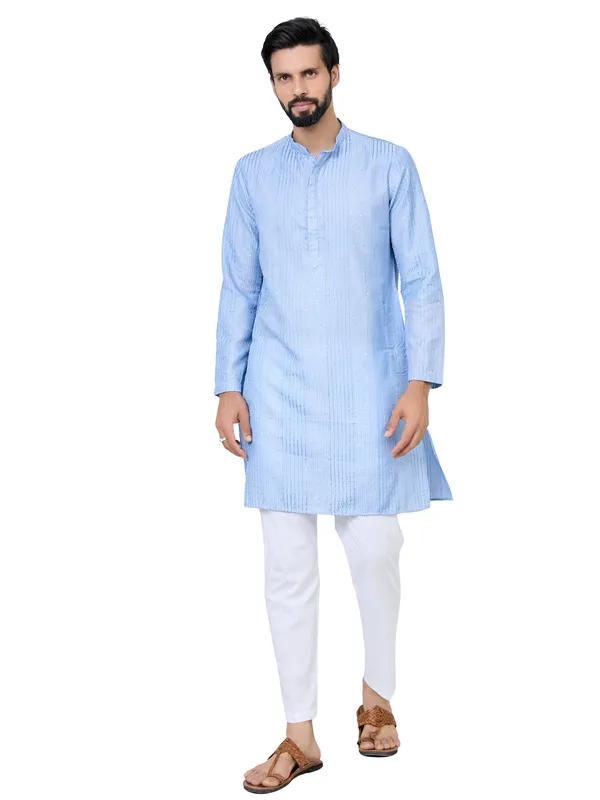 Light_Blue_Embroidered_Thread_Work_Sequinned_Chanderi_Silk_Straight_Kurta_With_Pyjama