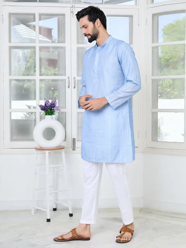 Light_Blue_Embroidered_Thread_Work_Sequinned_Chanderi_Silk_Straight_Kurta_With_Pyjama