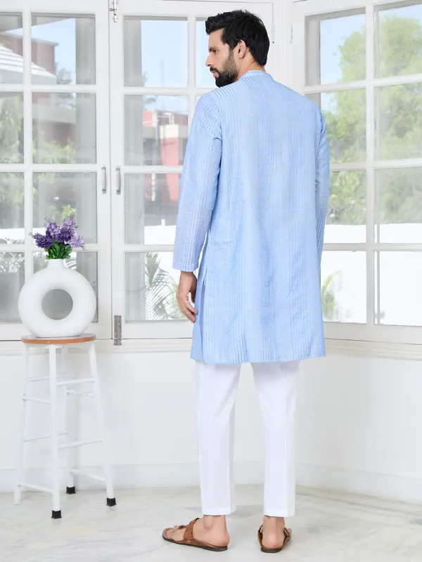 Light_Blue_Embroidered_Thread_Work_Sequinned_Chanderi_Silk_Straight_Kurta_With_Pyjama