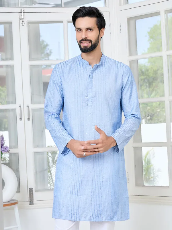 Light_Blue_Embroidered_Thread_Work_Sequinned_Chanderi_Silk_Straight_Kurta_with_Pyjama