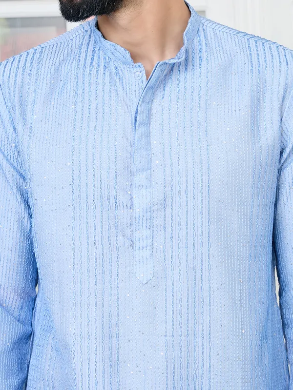 Light_Blue_Embroidered_Thread_Work_Sequinned_Chanderi_Silk_Straight_Kurta_with_Pyjama