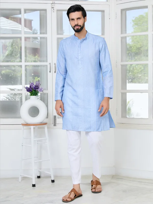 Light_Blue_Embroidered_Thread_Work_Sequinned_Chanderi_Silk_Straight_Kurta_with_Pyjama
