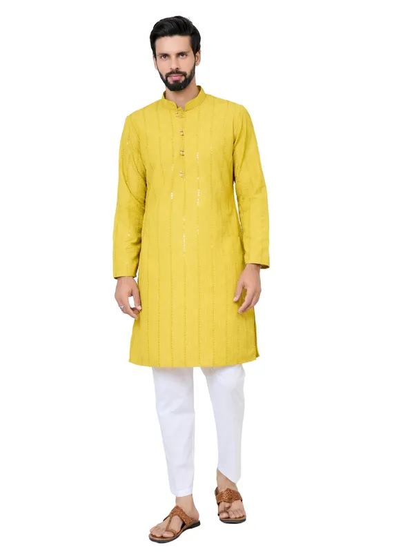 Yellow_Embroidered_Thread_Work_Sequinned_Rayon_Straight_Kurta