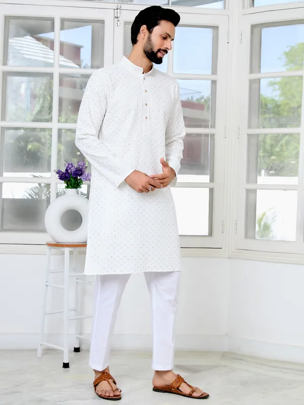 Men'S_White_Embroidered_Thread_Work_Sequinned_Rayon_Straight_Kurta_With_Pyjama