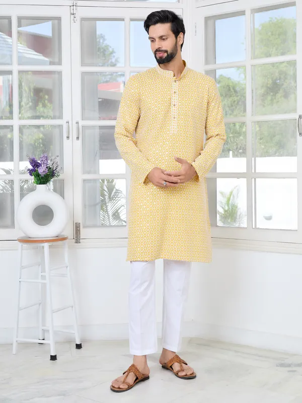 Men'S_Mustard_Embroidered_Thread_Work_Sequinned_Rayon_Straight_Kurta_With_Pyjama