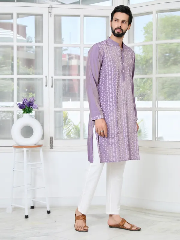 Purple_Embossed_Printed_Cotton_Chanderi_Straight_Kurta_With_Pyjama