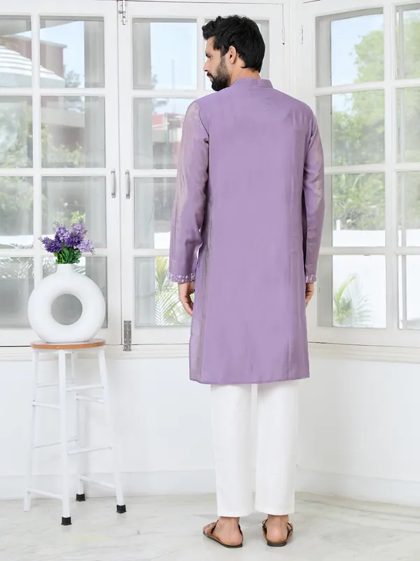 Purple_Embossed_Printed_Cotton_Chanderi_Straight_Kurta_With_Pyjama