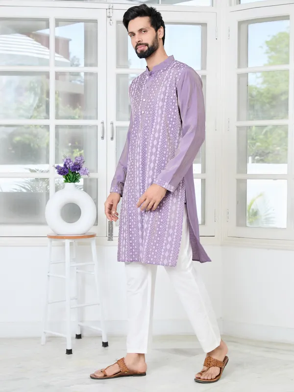 Purple_Embossed_Printed_Cotton_Chanderi_Straight_Kurta_With_Pyjama