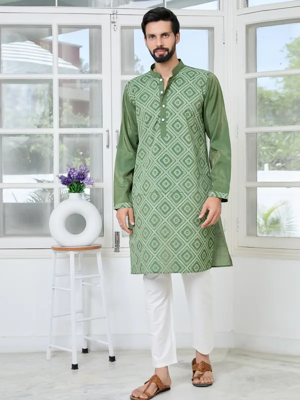 Green_Embossed_Printed_Cotton_Chanderi_Straight_Kurta_With_Pyjama