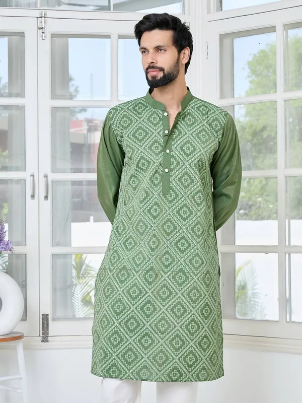 Green_Embossed_Printed_Cotton_Chanderi_Straight_Kurta_with_Pyjama