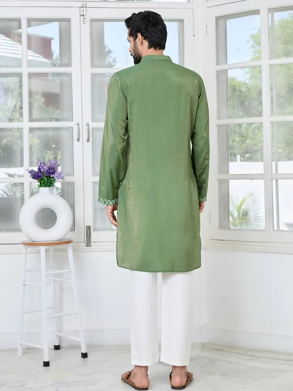 Green_Embossed_Printed_Cotton_Chanderi_Straight_Kurta_with_Pyjama