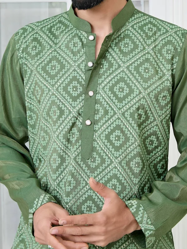 Green_Embossed_Printed_Cotton_Chanderi_Straight_Kurta