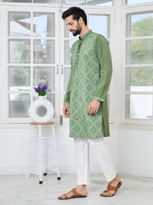 Green_Embossed_Printed_Cotton_Chanderi_Straight_Kurta