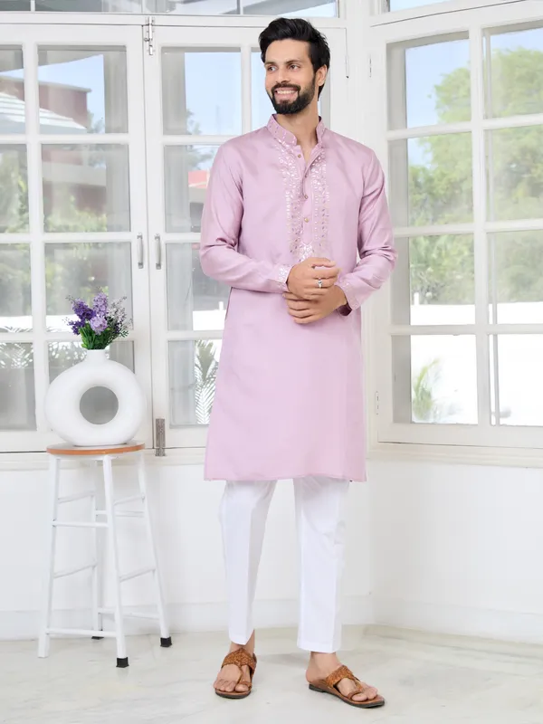 Purple_Sequins_Embroidered_Chanderi_Straight_Kurta_With_Yoke_Design_Paired_With_Pyjama