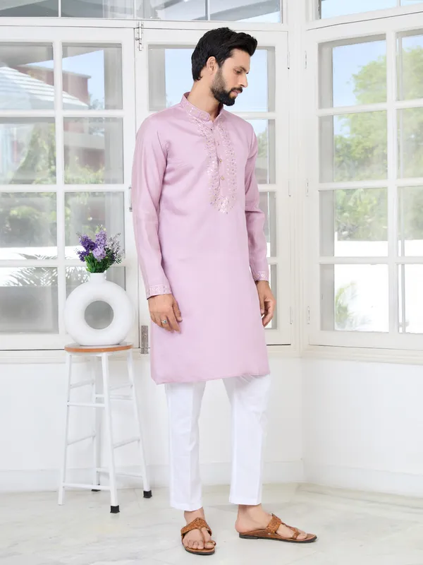 Purple_Sequins_Embroidered_Chanderi_Straight_Kurta_With_Yoke_Design_Paired_With_Pyjama