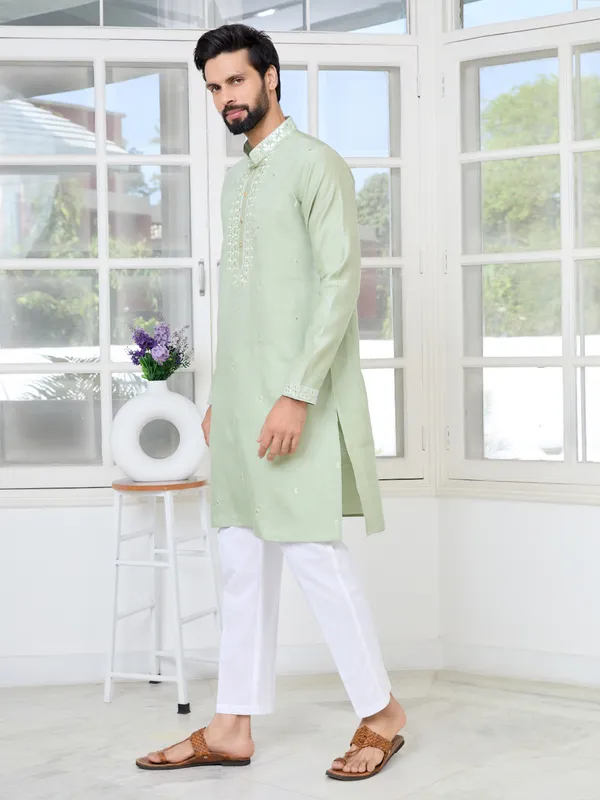 Pastel_Green_Thread_Worked_Chanderi_Straight_Kurta_With_Yoke_Design_Paired_With_Pyjama