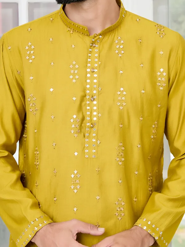 Mustard_Sequins_Embroidered_Chanderi_Straight_Kurta_With_Pyjama