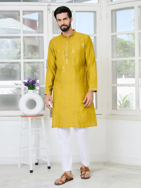 Mustard_Sequins_Embroidered_Chanderi_Straight_Kurta_With_Pyjama