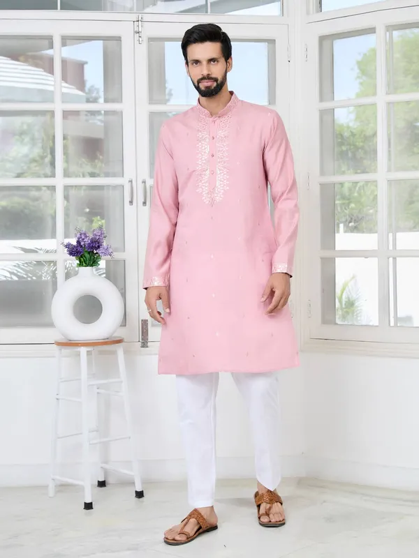 Pastel_Pink_Thread_worked_Chanderi_Straight_Kurta_with_Yoke_Design