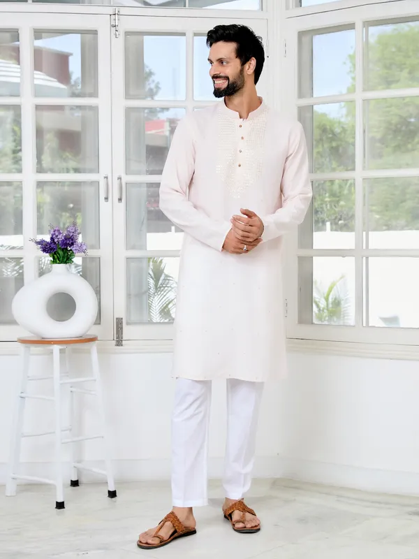Light_Peach_Sequins_Embroidered_Rayon_Straight_Kurta_With_Yoke_Design_Paired_With_Pyjama