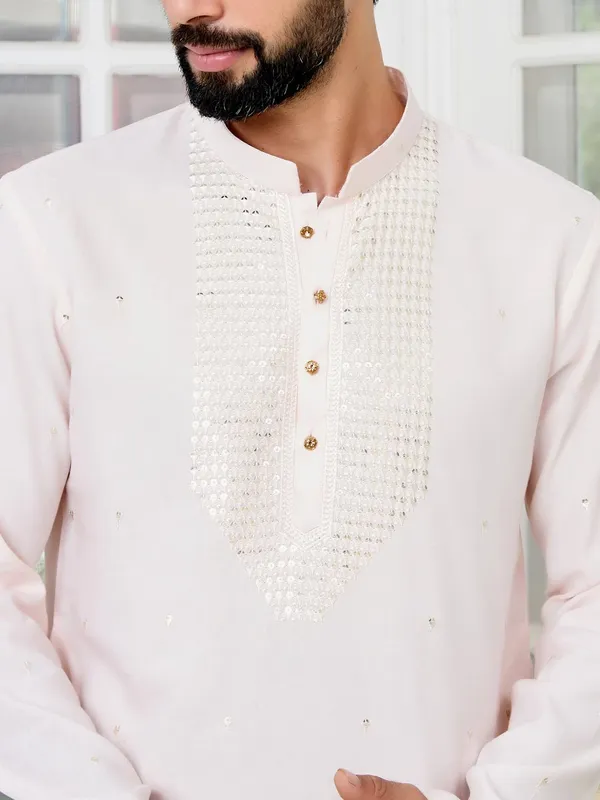 Light_peach_Sequins_Embroidered_Rayon_Straight_Kurta_with_Yoke_Design_Paired_with_Pyjama