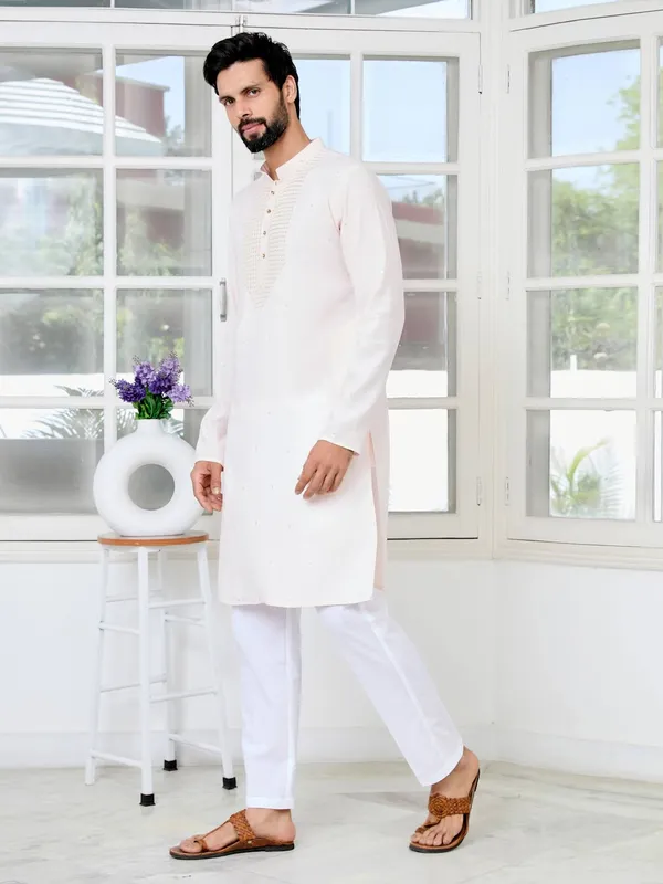 Light_peach_Sequins_Embroidered_Rayon_Straight_Kurta_with_Yoke_Design_Paired_with_Pyjama
