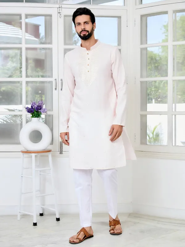 Light_peach_Sequins_Embroidered_Rayon_Straight_Kurta_with_Yoke_Design_Paired_with_Pyjama