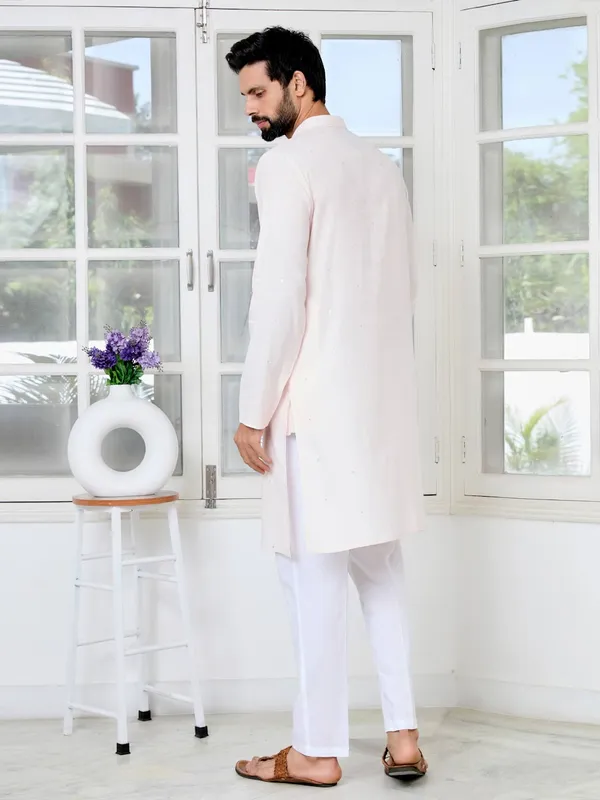 Light_peach_Sequins_Embroidered_Rayon_Straight_Kurta_with_Yoke_Design