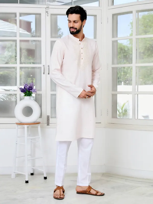 Light_peach_Sequins_Embroidered_Rayon_Straight_Kurta_with_Yoke_Design