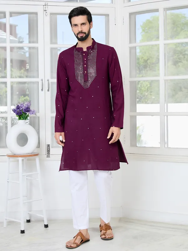 Purple_Sequins_Embroidered_Rayon_Straight_Kurta_With_Yoke_Design_Paired_With_Pyjama
