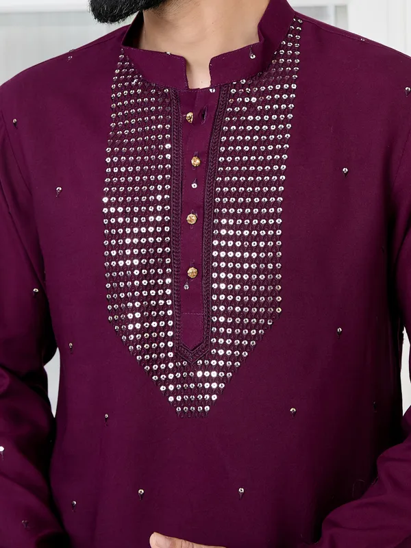 Purple_Sequins_Embroidered_Rayon_Straight_Kurta_With_Yoke_Design_Paired_With_Pyjama