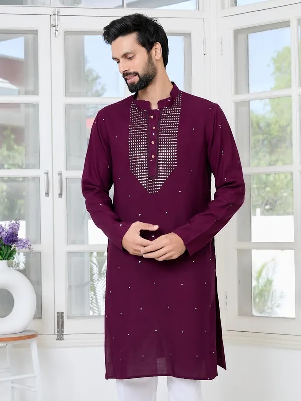 Purple_Sequins_Embroidered_Rayon_Straight_Kurta_With_Yoke_Design_Paired_With_Pyjama
