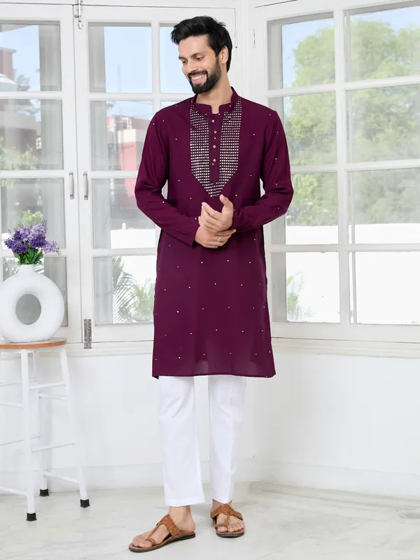 Purple_Sequins_Embroidered_Rayon_Straight_Kurta_With_Yoke_Design_Paired_With_Pyjama