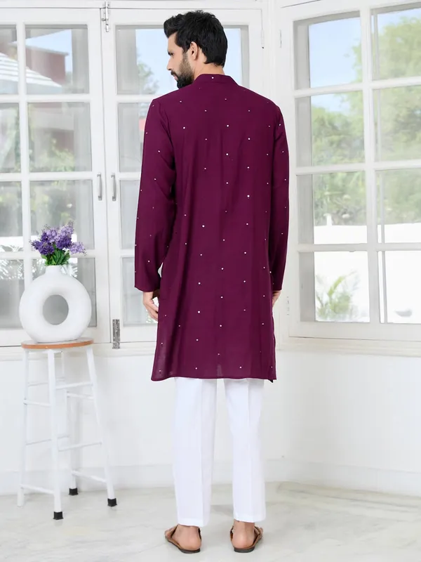 Purple_Sequins_Embroidered_Rayon_Straight_Kurta_with_Yoke_Design_Paired_with_Pyjama