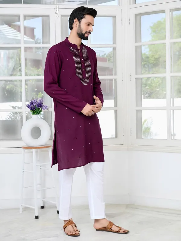 Purple_Sequins_Embroidered_Rayon_Straight_Kurta_with_Yoke_Design_Paired_with_Pyjama