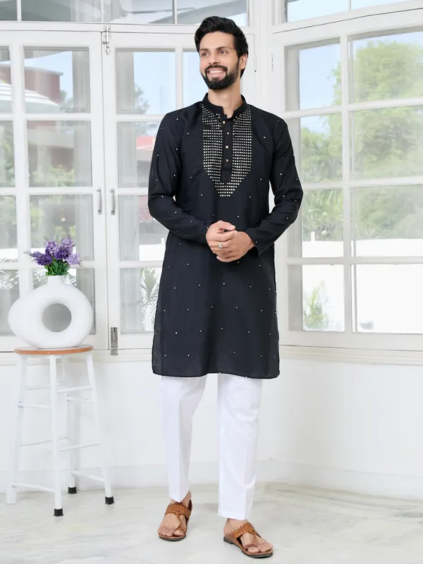 Black_Sequins_Embroidered_Chanderi_Straight_Kurta_With_Yoke_Design_Paired_With_Pyjama