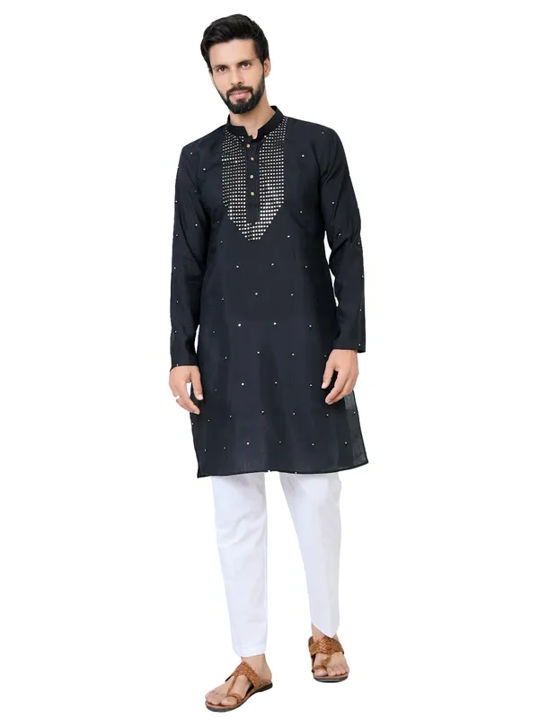 Black_Sequins_Embroidered_Chanderi_Straight_Kurta_With_Yoke_Design_Paired_With_Pyjama