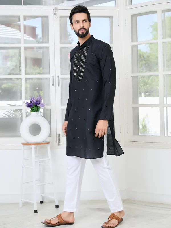 Black_Sequins_Embroidered_Chanderi_Straight_Kurta_With_Yoke_Design_Paired_With_Pyjama