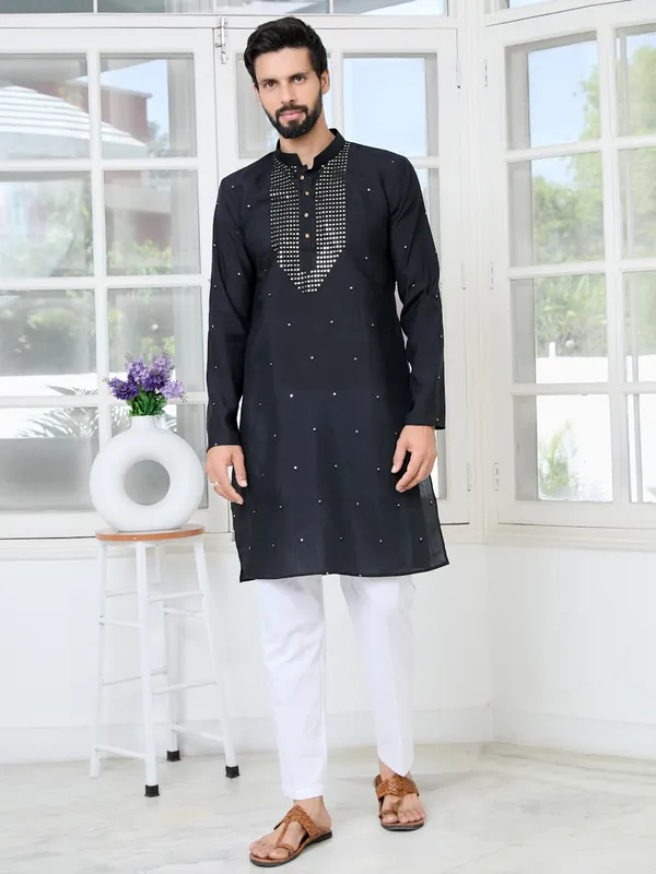 Black_Sequins_Embroidered_Chanderi_Straight_Kurta_With_Yoke_Design_Paired_With_Pyjama