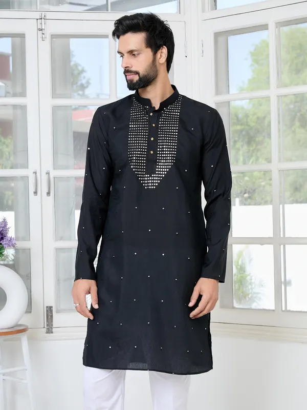 Black_Sequins_Embroidered_Chanderi_Straight_Kurta_With_Yoke_Design_Paired_With_Pyjama
